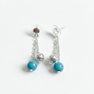 Silver Tone Dangle Earrings with Faux Turquoise Stone Beads Elegant
